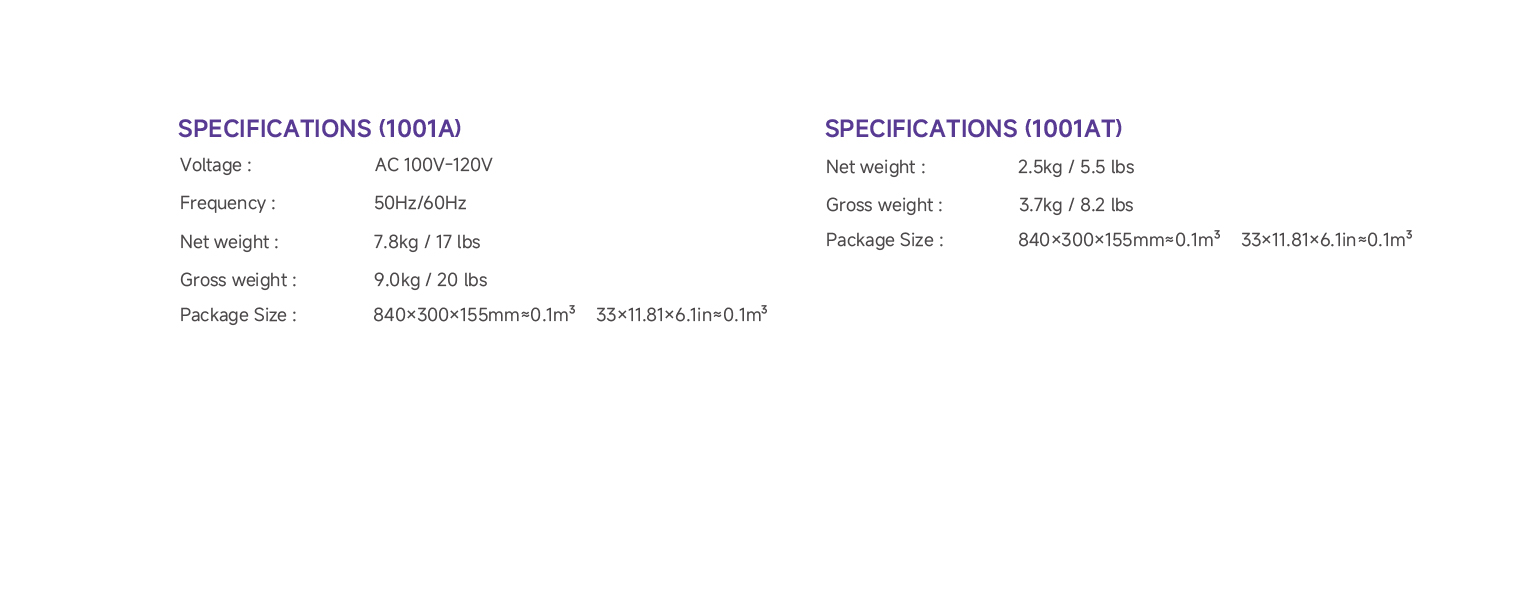 Specifications-1001A&1001AT